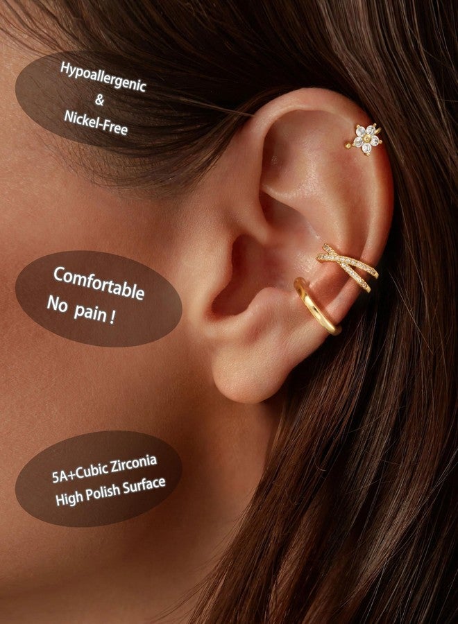 Carffordo 3Pcs Ear Cuffs Non Piercing for Women - Trendy 14K Gold Plated Cuffs Earrings with Cubic Zirconia - Dainty Clip On Cartilage Earring Flower Jewelry - Image 3